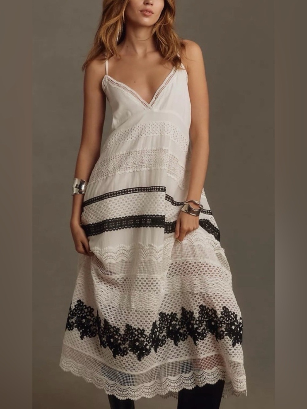 Anthropology Bohemian Sleeveless V Neck Lace Maxi Dress Black Crochet Trim M